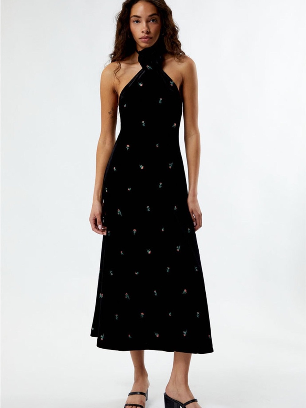 WeWoreWhat Black Floral Halter Midi Dress with Tiny Rose Motif